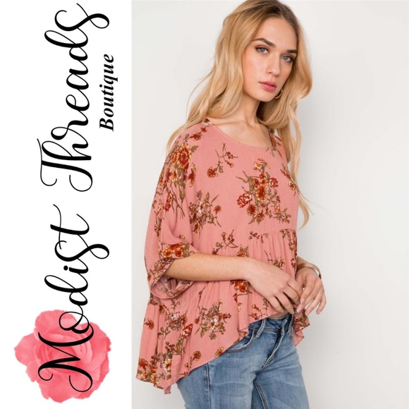Pink Floral Multi Peach High Low Round Neck Top - Picture 2 of 4